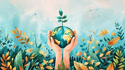 Hands Gently Cradle Earth, a Sprout Emerging, Surrounded by Flourishing Flora.