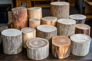Collection of various wood slices, different sizes and colors, on wooden table.