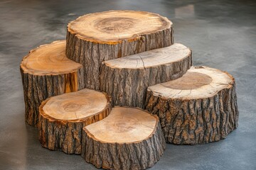 Rustic wooden tree stump display stand.