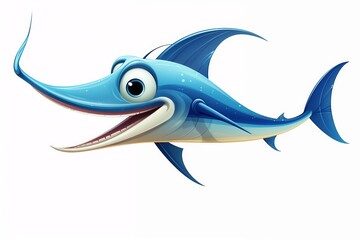 Fototapeta premium Cartoon swordfish with long pointed nose and smiling expression isolated on white background.Children's educational content, underwater adventure stories, marine life promotions, ocean conservation aw