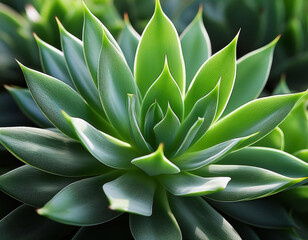Fototapeta premium A vibrant green succulent plant displays its symmetrical rosette pattern of thick, pointed leaves in perfect detail.