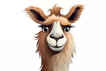 Obraz premium Llama Face with Big Eyes, Long Eyelashes, and Fluffy Light Brown Fur, Smiling, Isolated on White Background.Children's books, farm animal illustrations, nature-themed content, friendly animal designs.