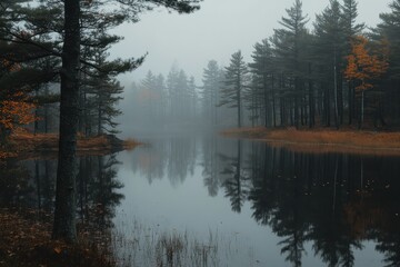 Misty autumn lake reflecting trees. (4)