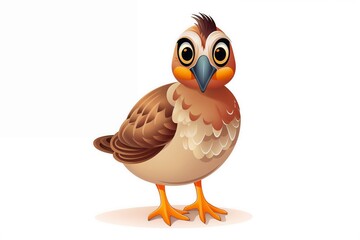 Cartoon Bird with Brown Feathers and Big Eyes, Isolated on White Background.Animal-themed educational materials, children's books, greeting cards, and character design for animations.