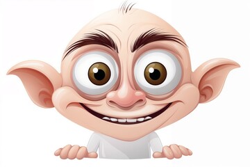 Obraz premium Cartoon character with large eyes, bald head, and expressive smile isolated on white background.Cartoon character design, digital illustrations, humorous expressions, creative storytelling.Confidence.