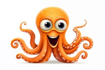 Cartoon orange octopus with big eyes and curved tentacles isolated on white background.Underwater illustrations, marine-themed designs, children's books, playful characters.Playfulness. Flexibility. T