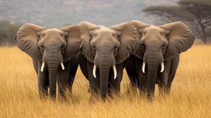 Fototapeta premium Three majestic elephants standing closely together in a golden grassland, showcasing their large ears, tusks, and natural habitat in a serene wild setting.