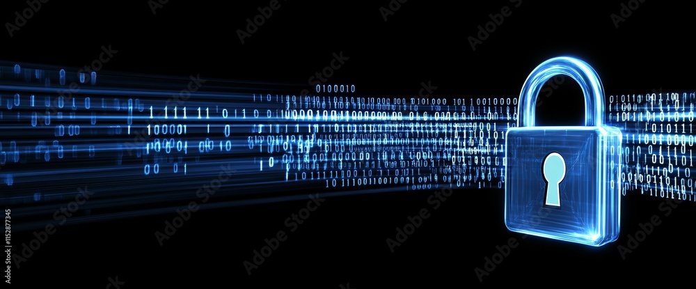 Poster Data security concept glowing padlock secures digital binary code stream.