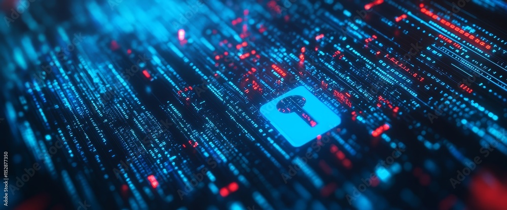 Poster Digital key icon on a futuristic data stream background.