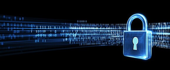 Data security concept glowing padlock secures digital binary code stream.