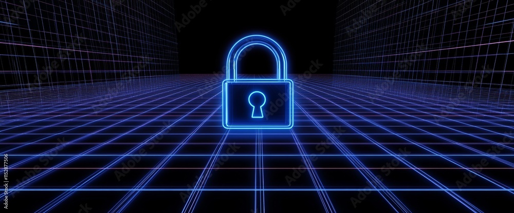 Poster cyber security concept glowing blue padlock on digital grid.