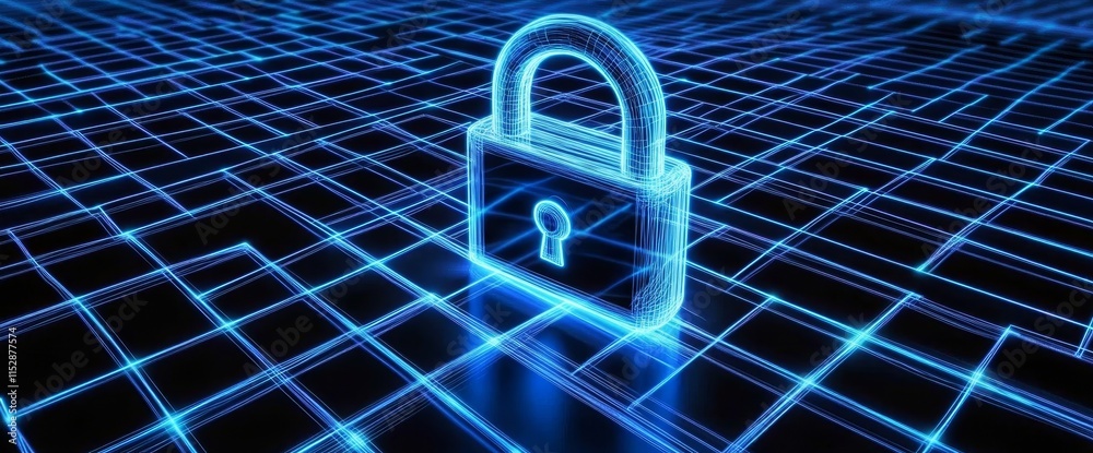 Poster glowing digital padlock on a grid, representing cybersecurity.