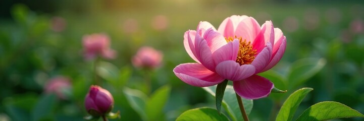 Fototapeta premium A delicate peony unfolding its petals in the morning dew, leafy, landscape