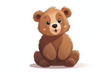 Obraz premium Cartoon bear cub with round eyes, rosy cheeks, and fluffy fur isolated on white background.Children’s books, cute animal illustrations, educational materials, greeting cards.The playful heart of natur