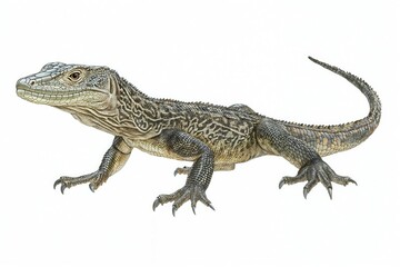 Fototapeta premium Lizard resembling a monitor, with long body, scaly skin, and large eyes isolated on white background.Wildlife illustrations, nature-themed designs, reptile education, animal illustrations for children