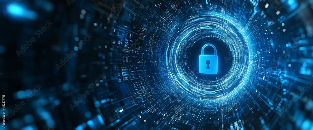 Poster Digital security concept with glowing padlock in a futuristic tunnel.