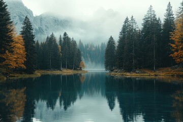 Misty mountain lake with autumn trees reflecting in calm water.