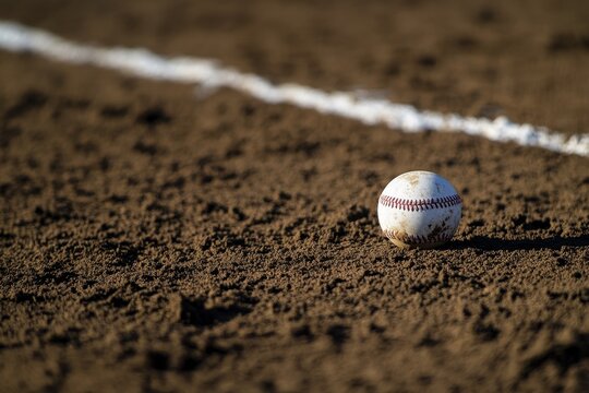 Close-up of a used baseball on a dirt infield near the first base line.