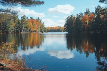Calm autumn lake reflecting colorful trees and sky. (4)