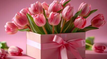 Fototapeta premium Pink tulips arranged in a pink gift box tied with a pink ribbon.