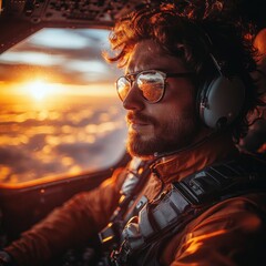 Obraz premium Pilot in cockpit at sunset, above clouds.