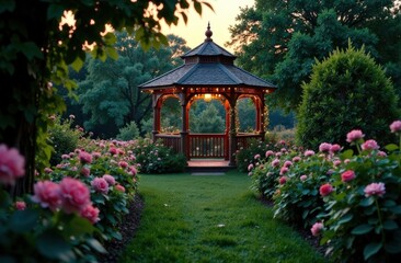 A lush green garden path lined with blooming flowers, leading to a charming wooden gazebo