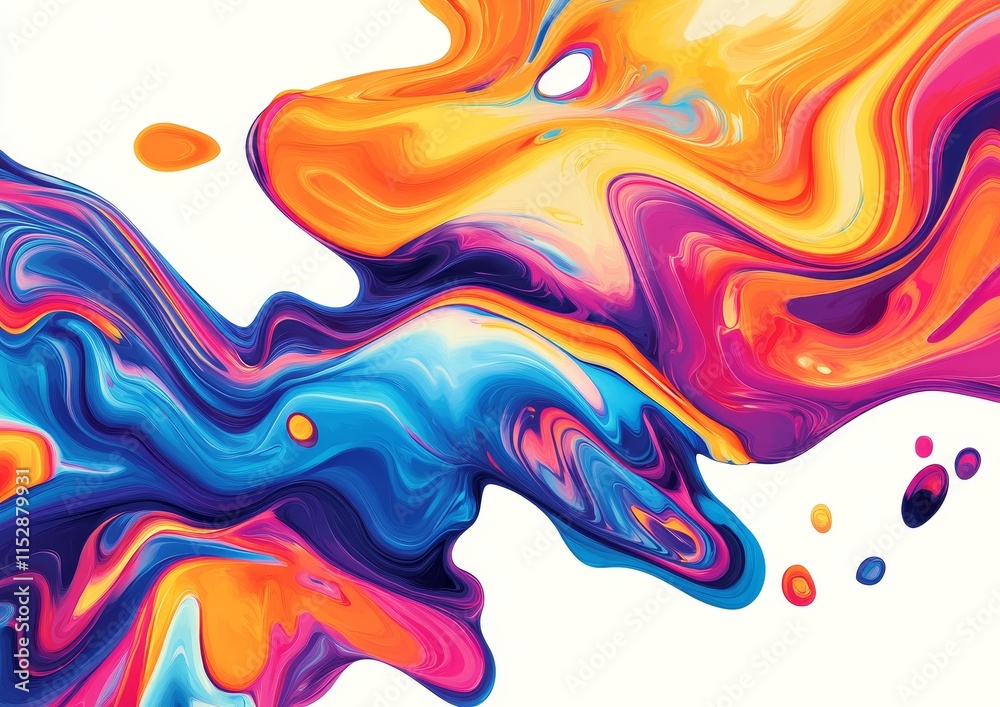 Poster Abstract colorful fluid art with vibrant swirls and splashes on white background.