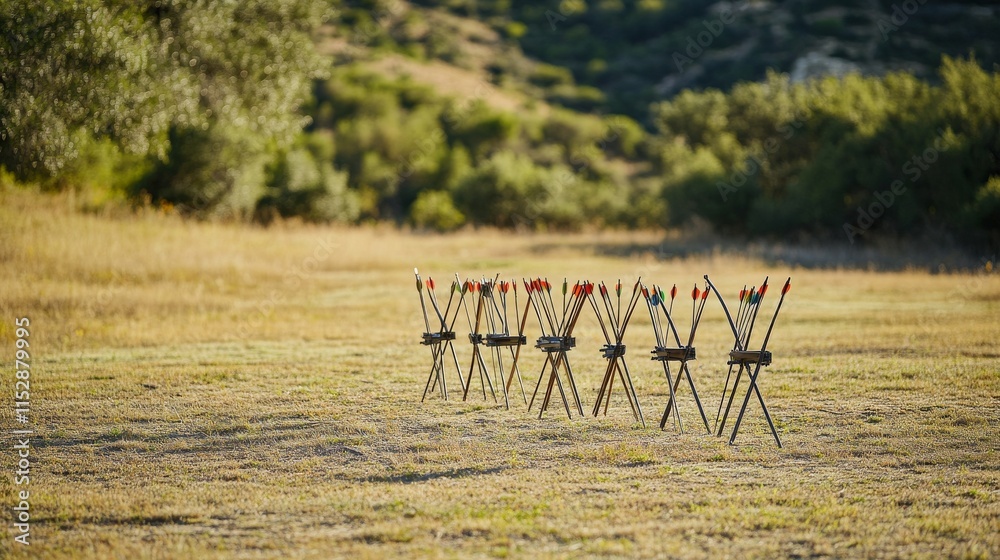 Poster a neat archery range setup in a sunny meadow, bows and arrows meticulously placed on stands, minimal
