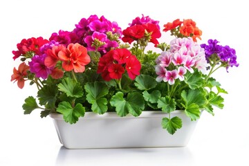 Fototapeta premium Rectangular pot bursts with surreal, colorful pelargoniums; whimsical flower photography.
