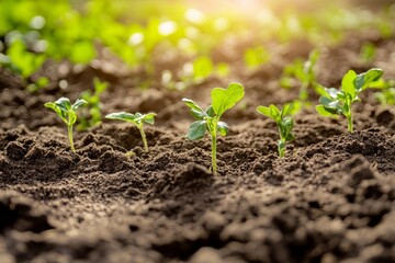 Close-up of soil with small plants growing, Earth Day focus, rich textures, natural sunlight. 