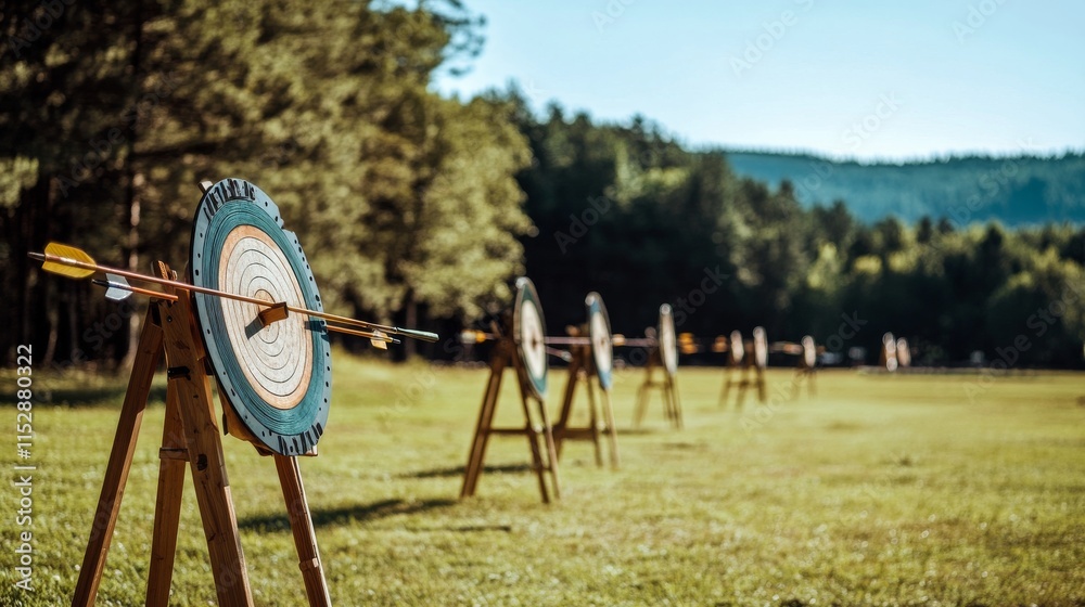 Poster a neat archery range setup in a sunny meadow, bows and arrows meticulously placed on stands, minimal