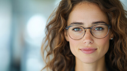 Obraz premium A confident woman with curly hair and glasses smiles warmly, showcasing her natural beauty and charm. Her expressive eyes reflect sense of approachability and intelligence