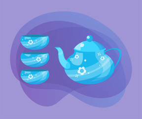 Blue ceramic teapot with teacups vector illustrations set. Collection of cartoon drawings of pot and cups with flower ornament on abstract background. Kitchenware, teatime, coziness concept