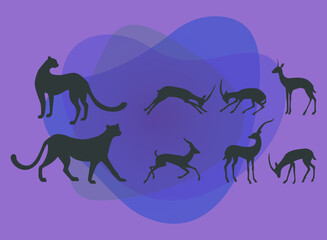 Black silhouettes of wild savannah animals vector illustrations set. Cartoon drawings of silhouettes of wildcats and antelopes on abstract background. Wildlife, nature, savanna, fauna concept