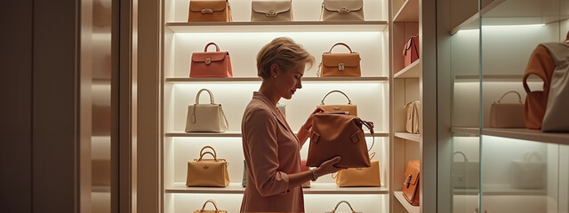 Elegant Woman Thoughtfully Examining Luxury Handbag in Upscale Boutique