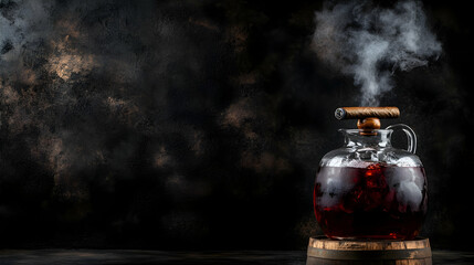 Smoking glass bottle with dark red liquid on wooden base, fog effect, for mockup or advertising