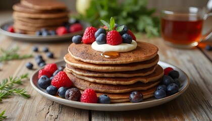 Buckwheat Pancakes with Berries, Honey, and Yogurt on a Wooden Table
