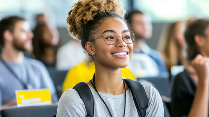 Naklejka premium Smiling young woman with curly hair and glasses in classroom setting, radiating positivity and engagement during lecture. Her enthusiasm is infectious, inspiring those around her