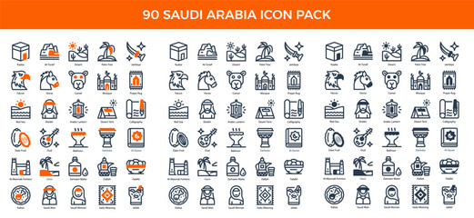 90 Giveaway Icons in 3 Styles (Line, Solid, Two-Tone), Featuring Al-Quran, Arabic Lantern, and Calligraphy, More – Vector Illustrations