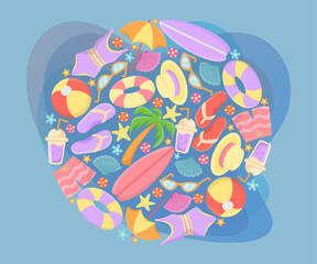 Circular pattern with beach holiday elements vector illustration. Collection of cartoon drawings of surfboards, clothes, rubber balls and rings, drinks. Summer, vacation concept