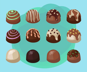 Chocolate sweets with frosting or glaze vector illustrations set. Cartoon drawings of candies, tasty snack made from white, dark, milk chocolate on abstract background. Desserts, confectionary concept