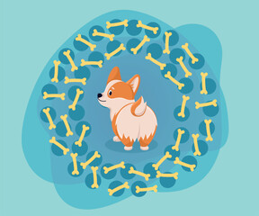 Circular frame with bones around comic corgi vector illustration. Yellow bones around cute dog cartoon character on abstract background. Pets, decoration, animal care concept