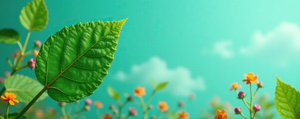 Obraz premium A single large green leaf with golden veins and tiny colorful flowers against a bright blue sky, green background, foliage, florals