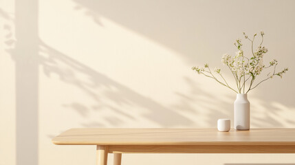 A minimalist wooden table features simple white vase with delicate flowers, casting soft shadows on light wall, creating serene and calming atmosphere