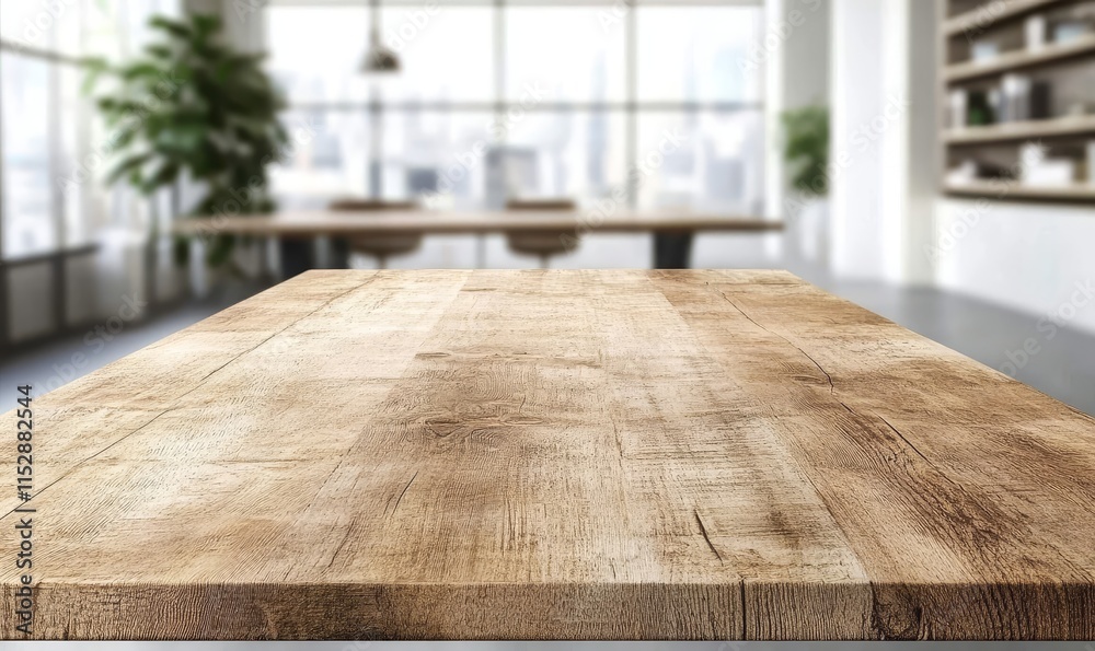 Poster empty wooden table in modern office with blurred background.