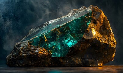 Teal gemstone embedded in rough rock.