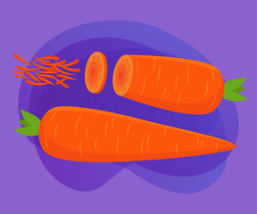 Cut and sliced carrot vector illustrations set. Collection of cartoon drawings of strips and slices of orange vegetable, whole carrot on purple background. Food, nutrition, diet concept