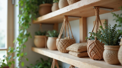 Indoor Plants in Rustic Macrame Hangers on Wooden Shelves for Cozy Home Decor