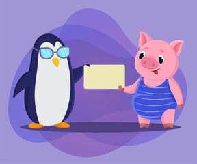 Comic penguin and pig holding blank banner vector illustration. Black and white bird and domestic animal cartoon characters with empty sign. Announcement, information, advertising concept