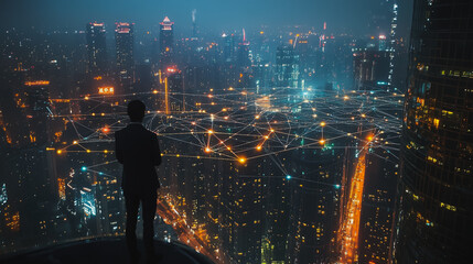 Smart digital city with connection cyber security network reciprocity over the cityscape . future smart wireless digital city and social media networking systems that connects people within the city